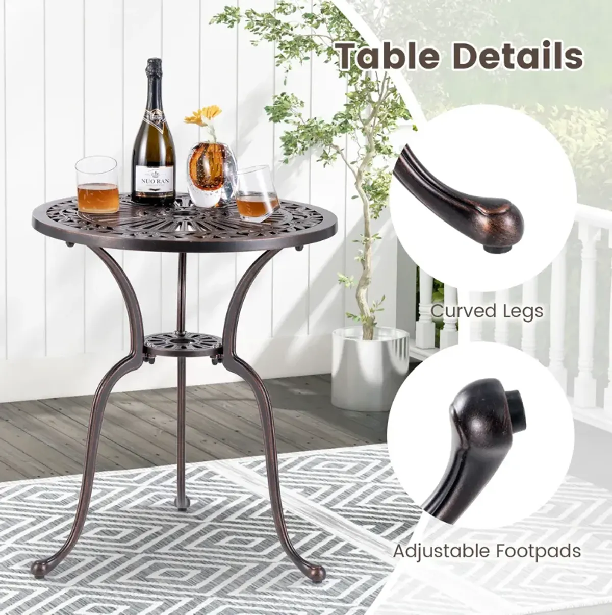 24 Inch Round Cast Aluminum Table Patio Dining Bistro Table with 2 Inch Umbrella Hole-Copper