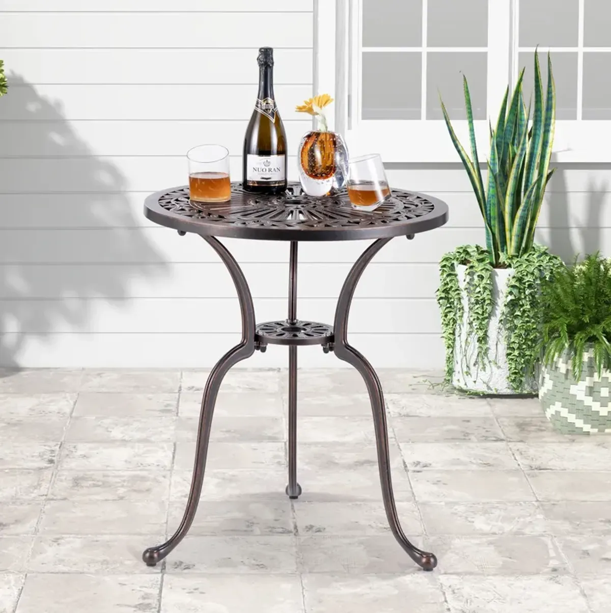 24 Inch Round Cast Aluminum Table Patio Dining Bistro Table with 2 Inch Umbrella Hole-Copper