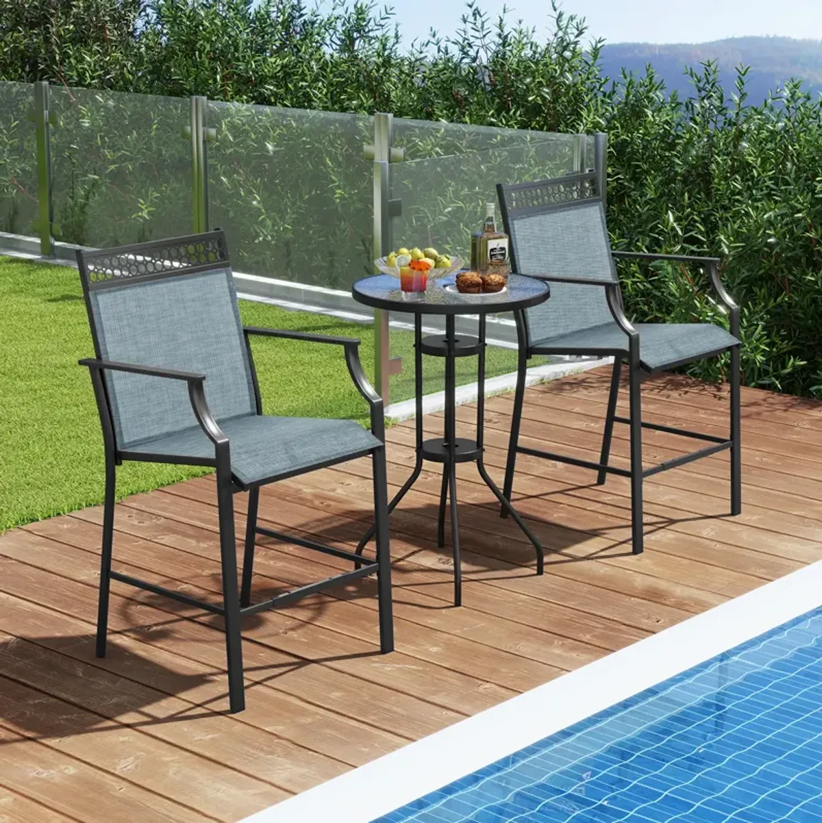 Set of 2 Outdoor Counter Stools – Heavy-Duty Barstools with Footrest and Armrests