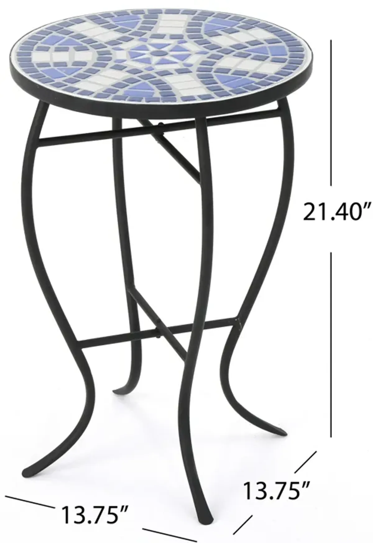 Outdoor Side End Table, 14 Inch Round Blue, White Mosaic Ceramic Top - Benzara