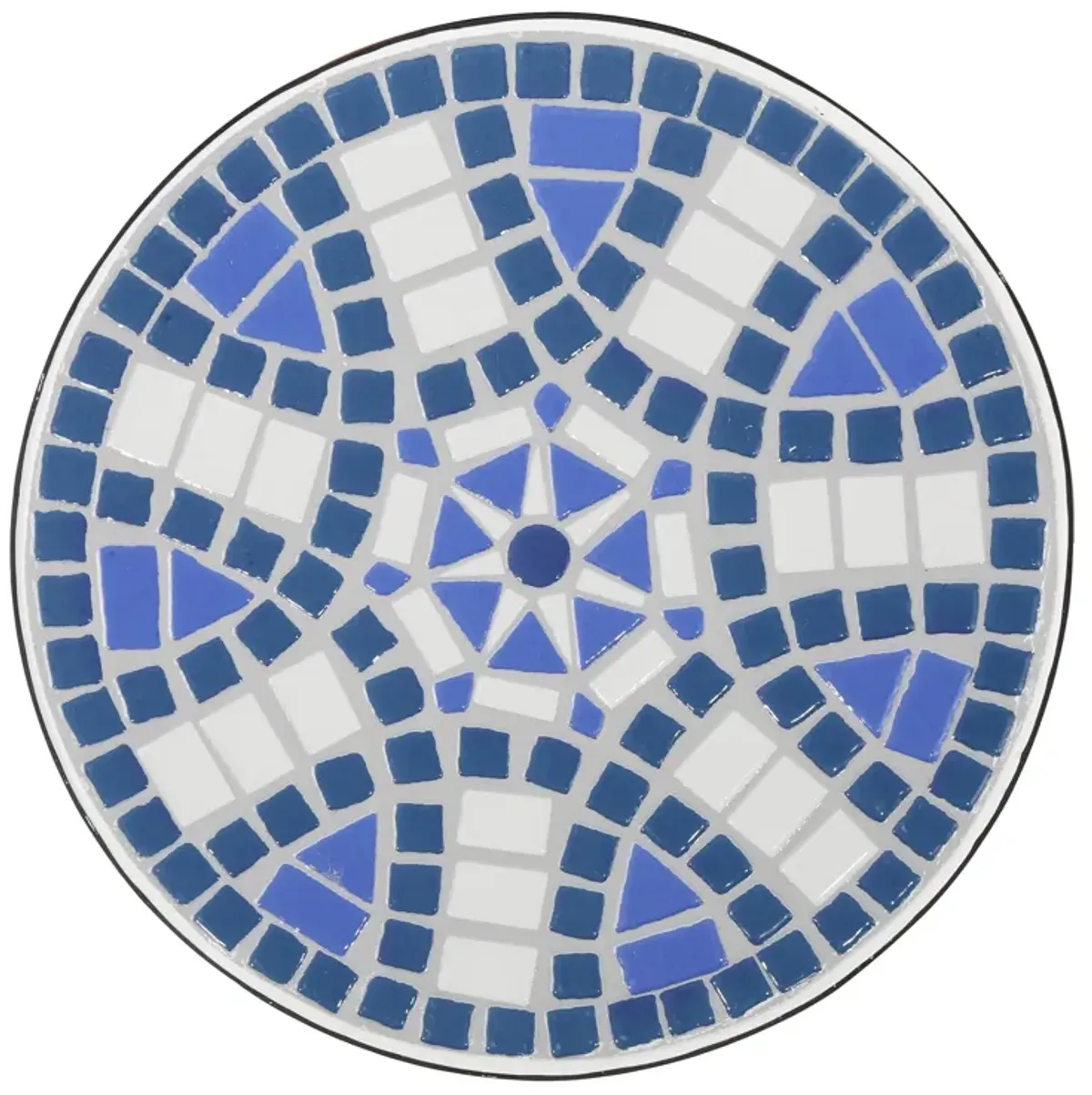 Outdoor Side End Table, 14 Inch Round Blue, White Mosaic Ceramic Top - Benzara