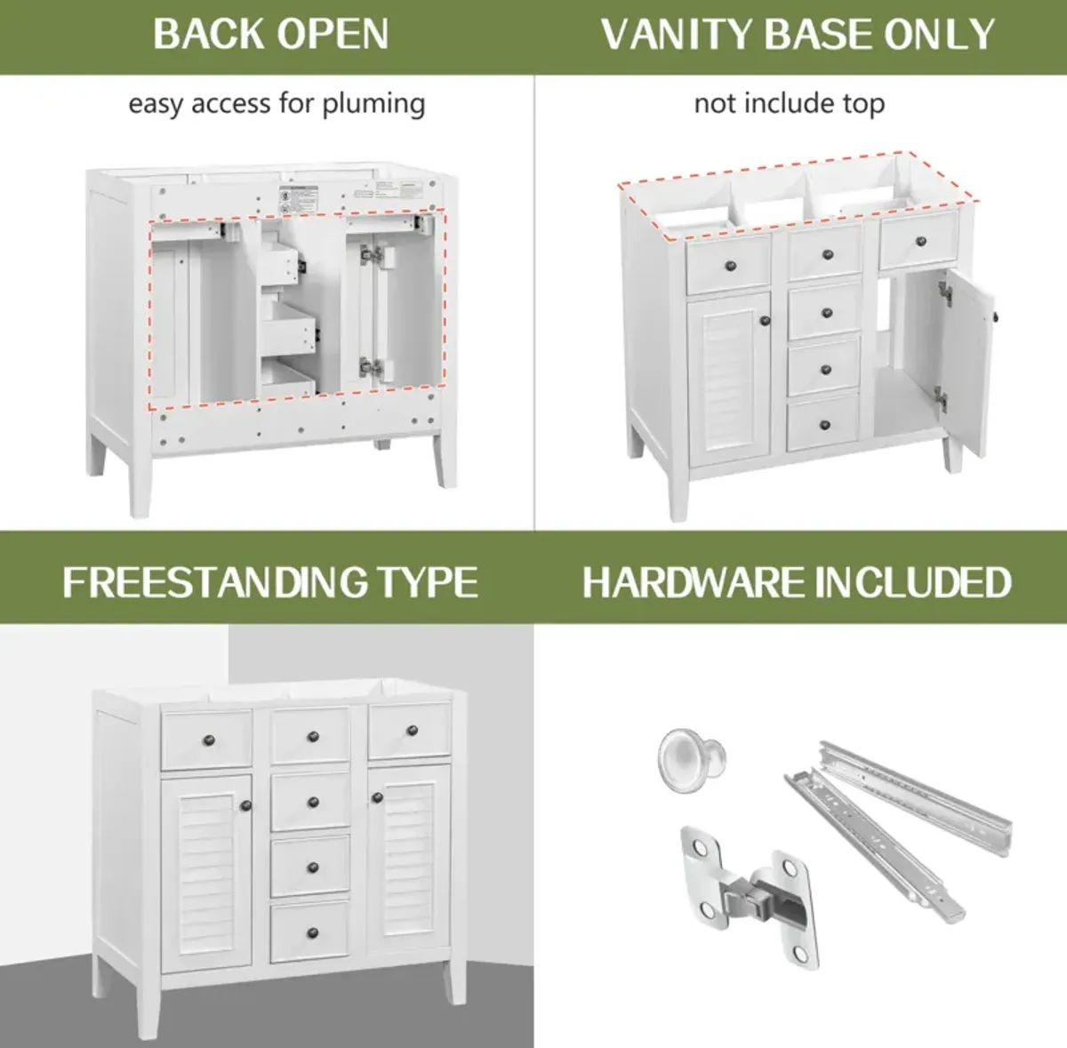 36" Bathroom Vanity Without Sink, Cabinet Base Only, Two Cabinets And Five Drawers, Solid Wood Frame