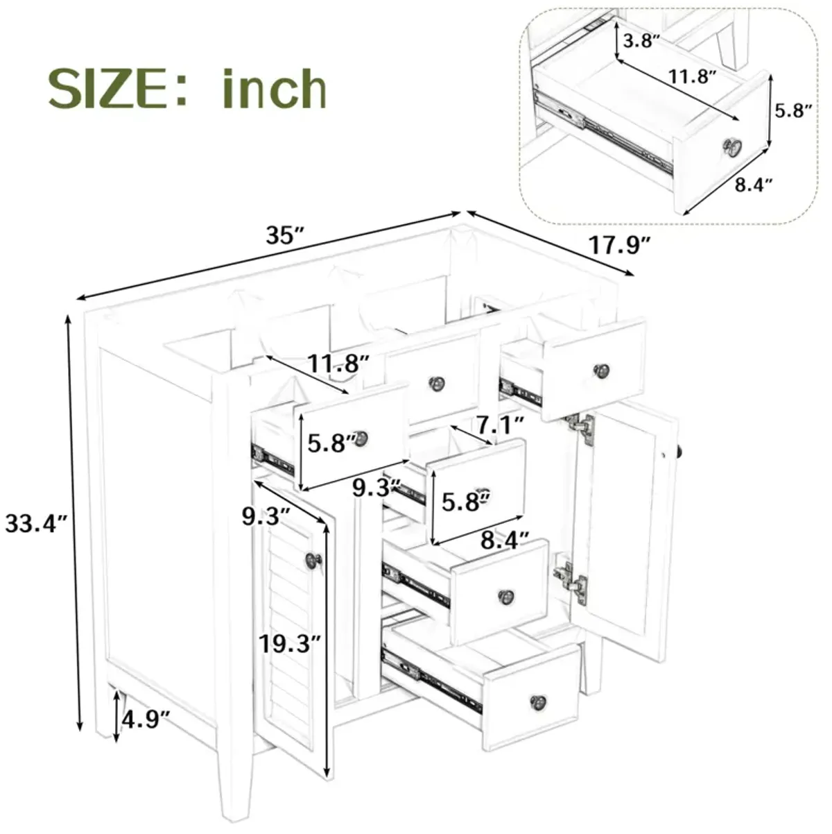 36" Bathroom Vanity Without Sink, Cabinet Base Only, Two Cabinets And Five Drawers, Solid Wood Frame