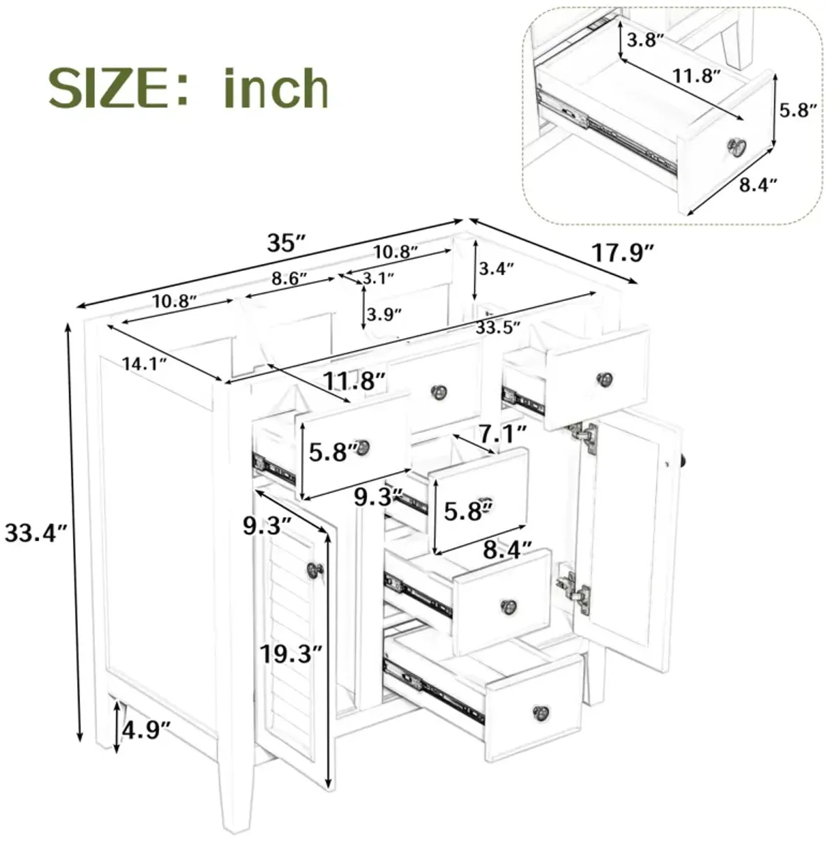 36" Bathroom Vanity Without Sink, Cabinet Base Only, Two Cabinets And Five Drawers, Solid Wood Frame