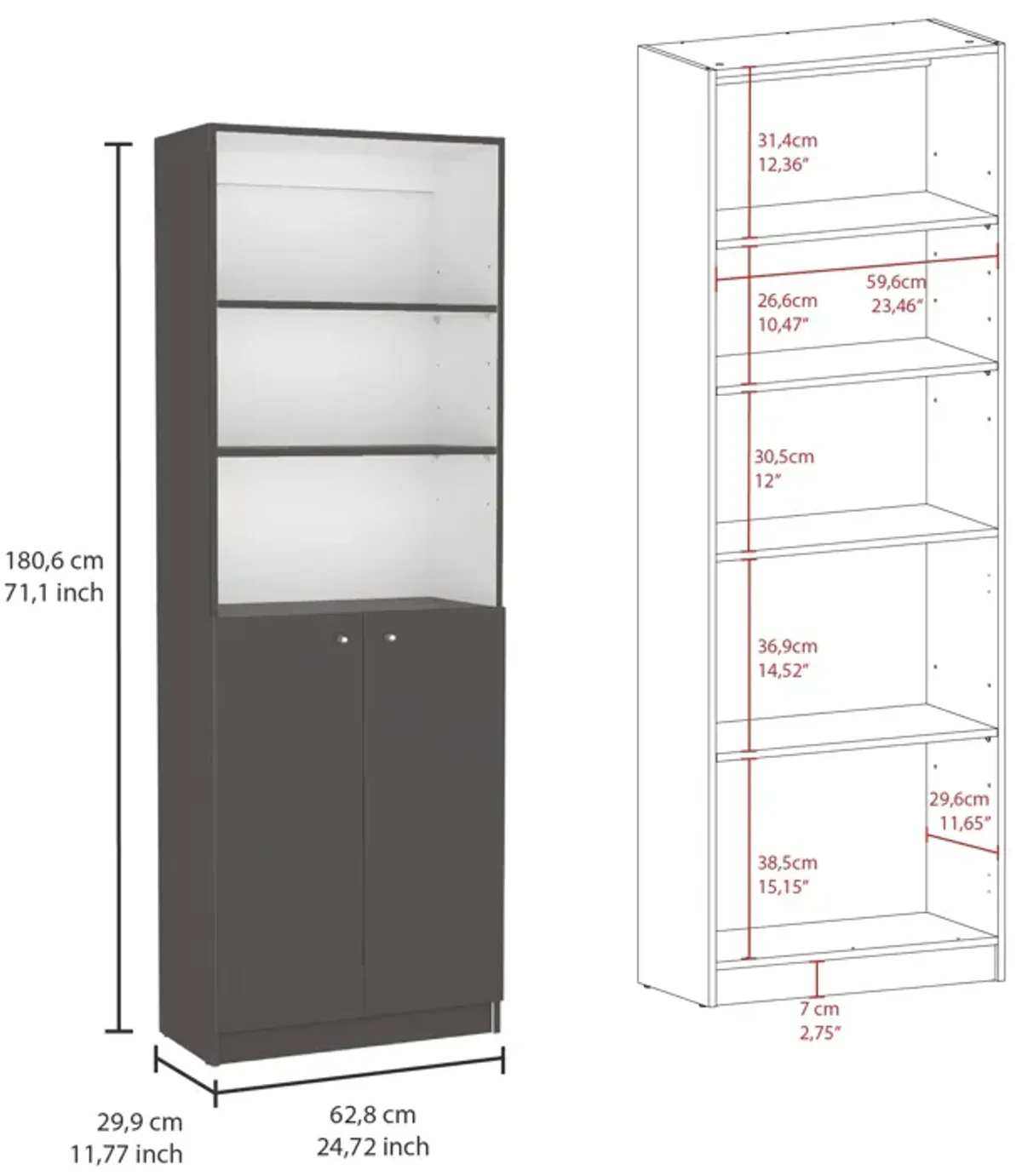 Home 2-Door Bookcase, Modern Storage Unit with Dual Doors and Multi-Tier Shelves -Matt Gray / White