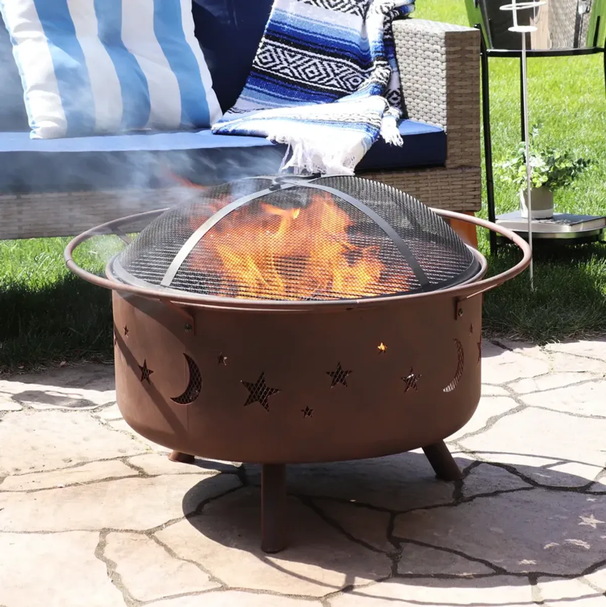 Sunnydaze 30 in Cosmic Steel Fire Pit with Spark Screen, Poker, and Grate