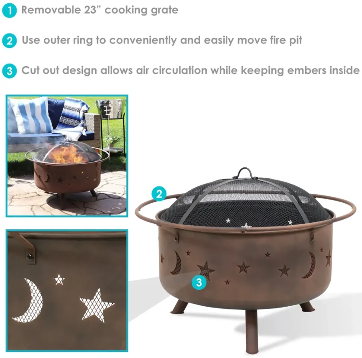 Sunnydaze 30 in Cosmic Steel Fire Pit with Spark Screen, Poker, and Grate