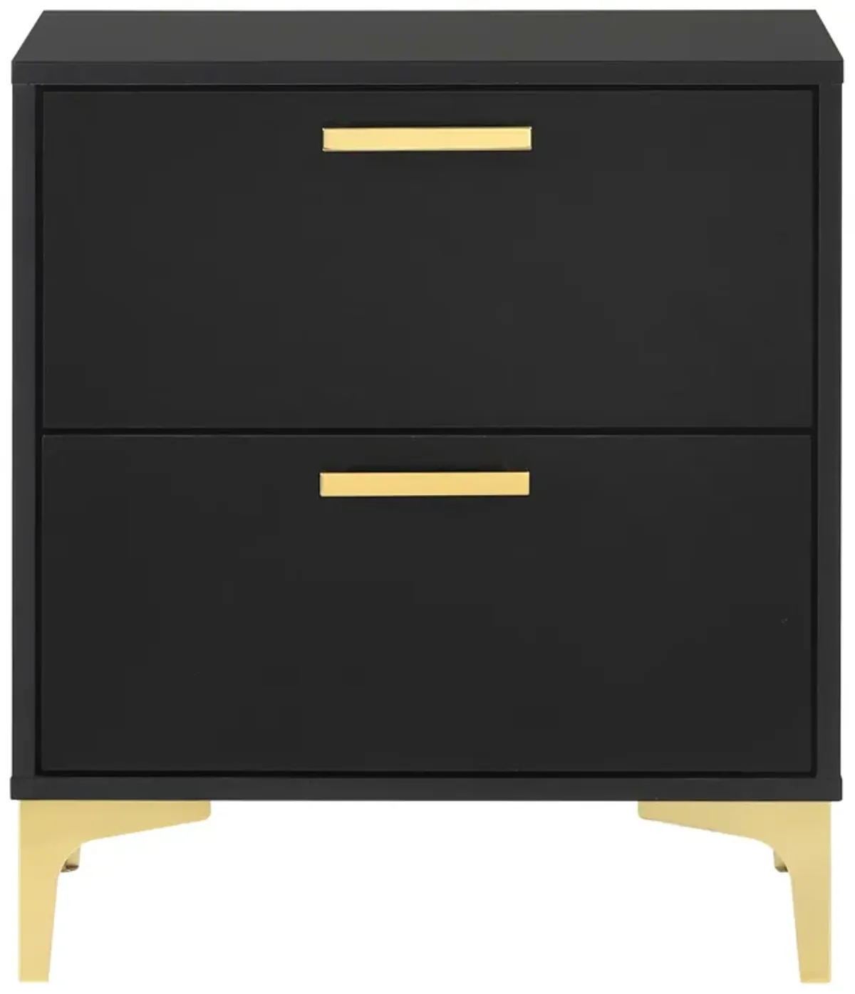 Lif 25 Inch Modern 2 Drawer Nightstand, Gold Metal Accents, Jet Black -Benzara