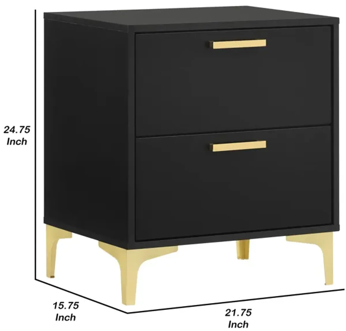 Lif 25 Inch Modern 2 Drawer Nightstand, Gold Metal Accents, Jet Black -Benzara