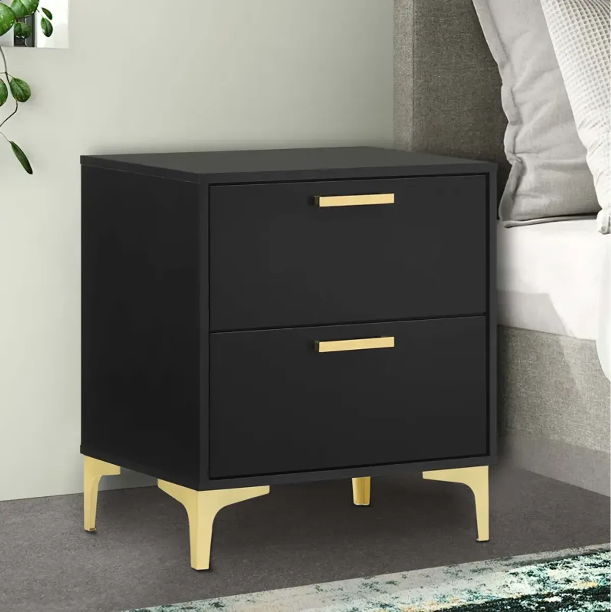 Lif 25 Inch Modern 2 Drawer Nightstand, Gold Metal Accents, Jet Black -Benzara