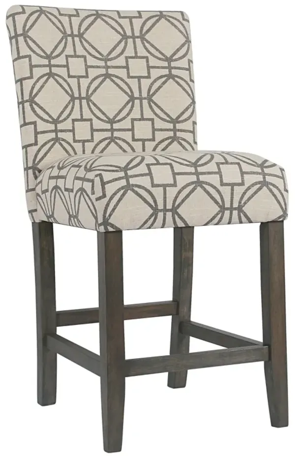 Wooden 24 Inch Counter Height Stool with Trellis Pattern Fabric Upholstery, Cream and Gray - Benzara