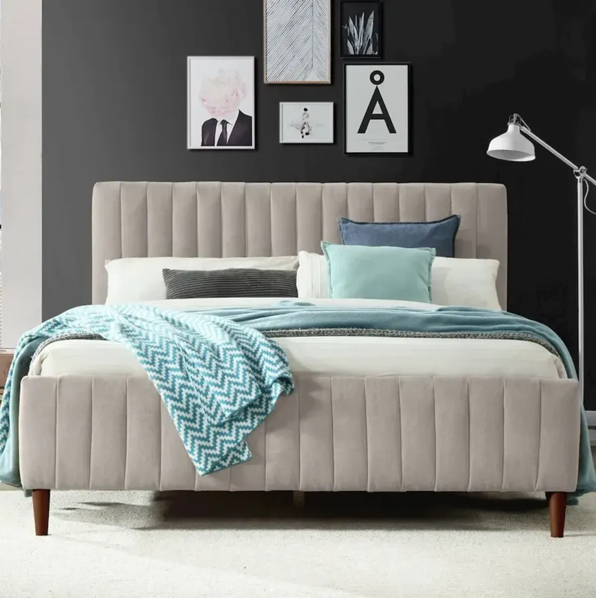 Omax Decor Spencer Wood/Fabric Upholstered Queen Platform Bed in Taupe Gray