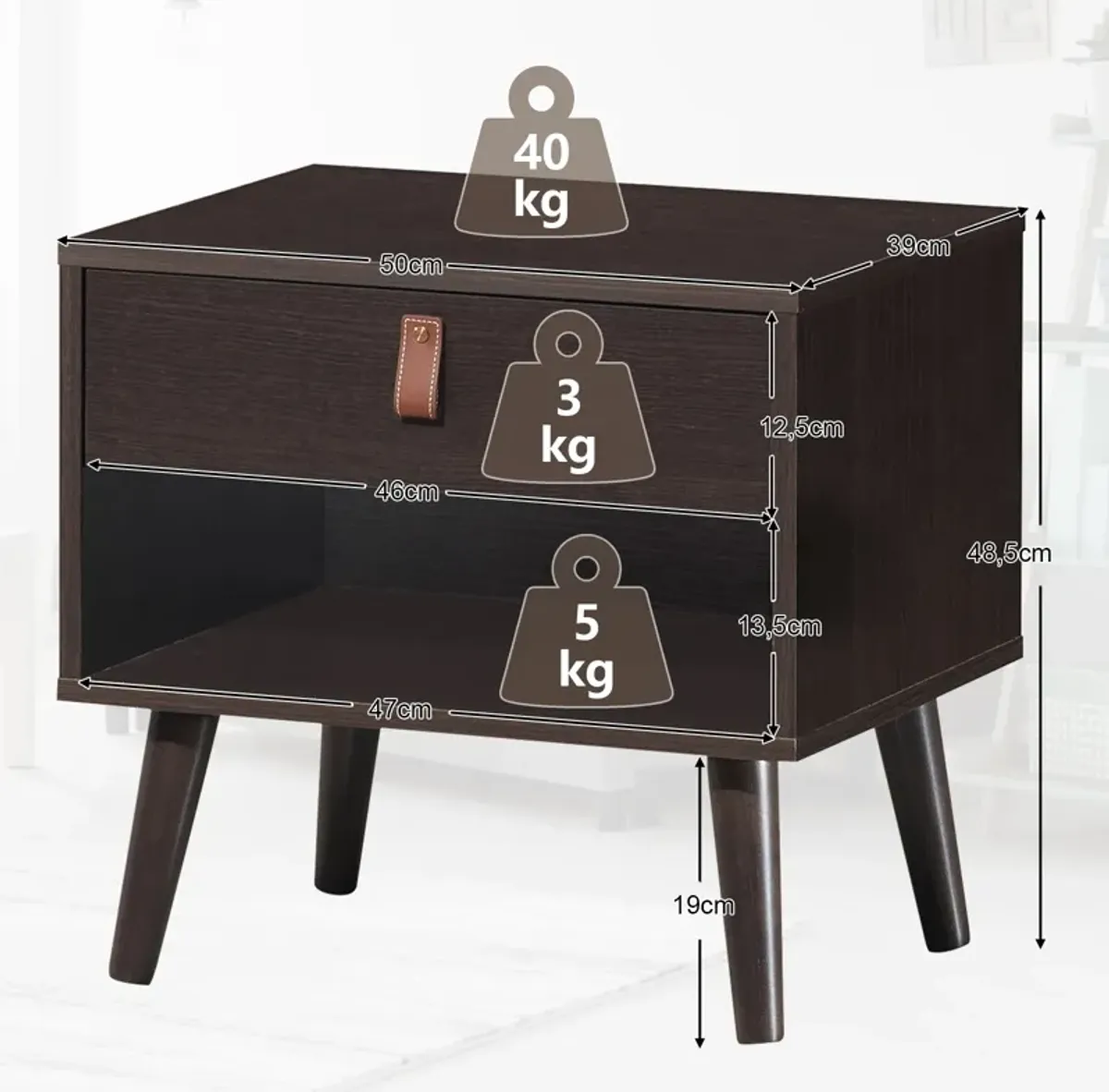 Nightstand Bedroom Table with Drawer Storage Shelf - Brown