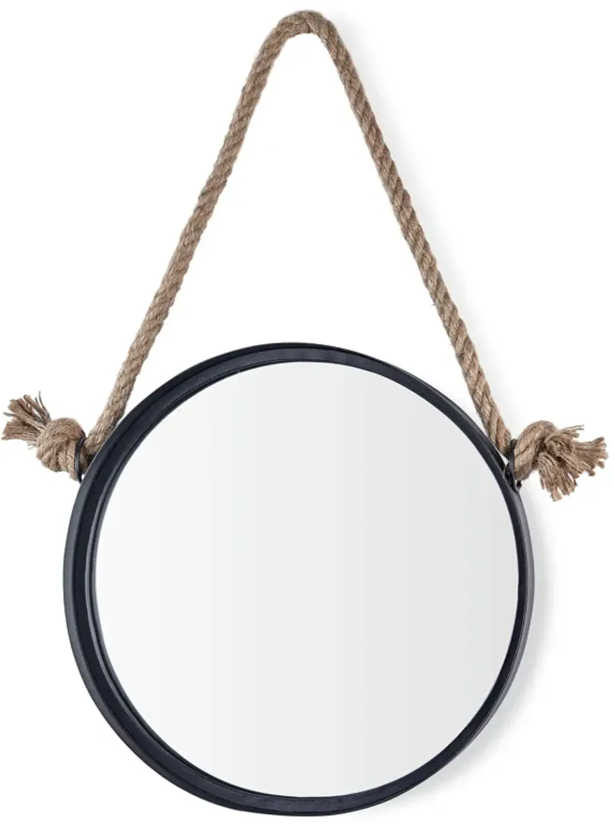 15in Black Iron Framed Round Accent Mirror with Hanging Rope