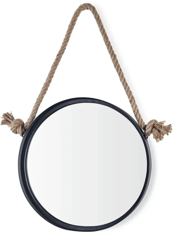 15in Black Iron Framed Round Accent Mirror with Hanging Rope