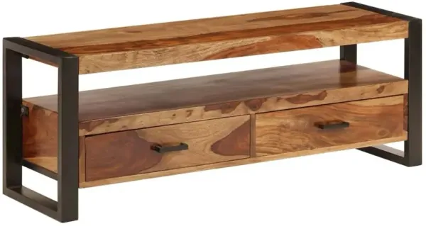 TV Cabinet Brown, Black Solid Sheesham Wood, Powder-Coated Steel