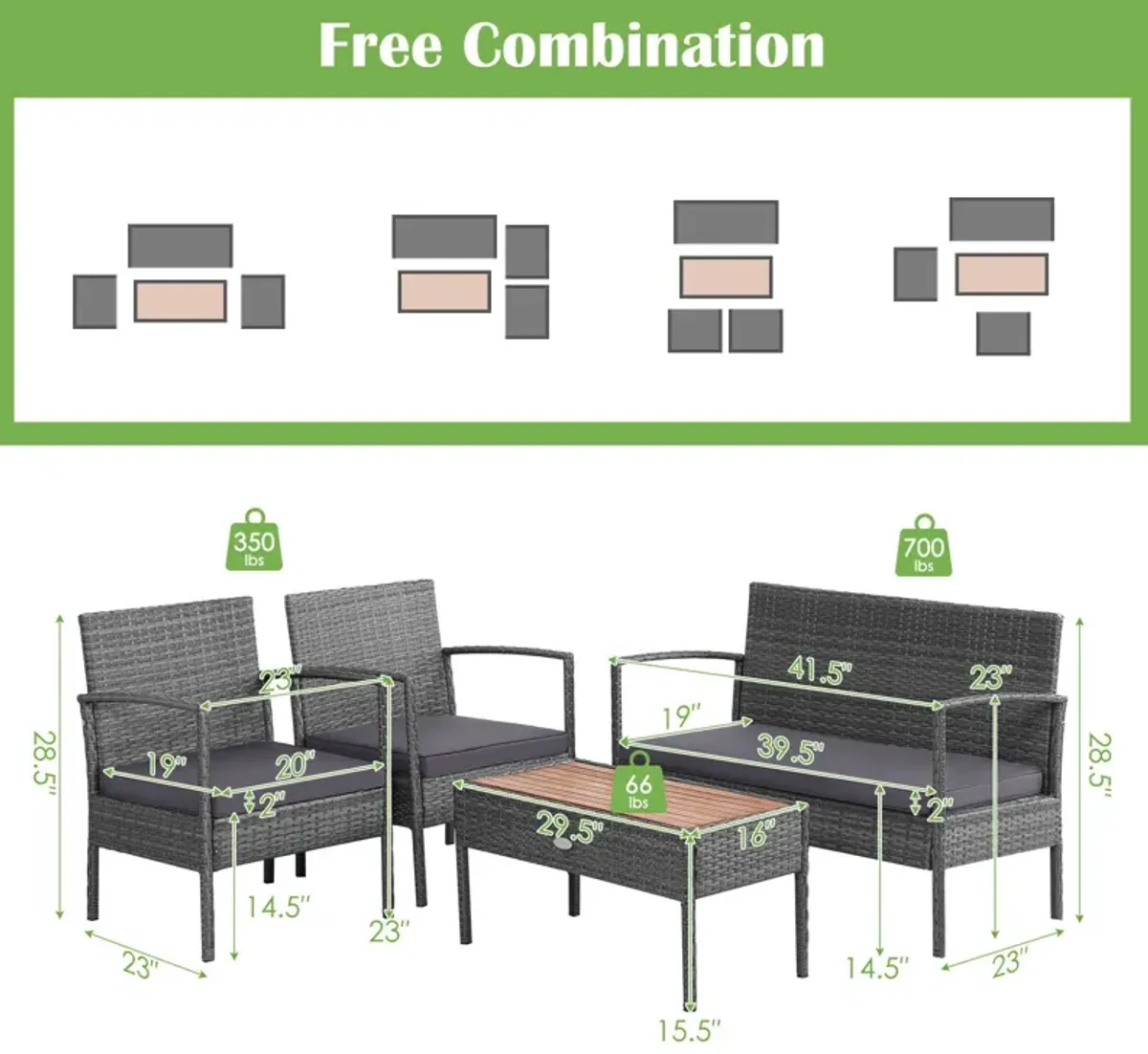 4 Pieces Rattan Patio Conversation Furniture Set with Acacia Wood Tabletop