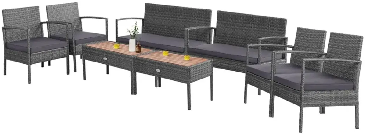 4 Pieces Rattan Patio Conversation Furniture Set with Acacia Wood Tabletop