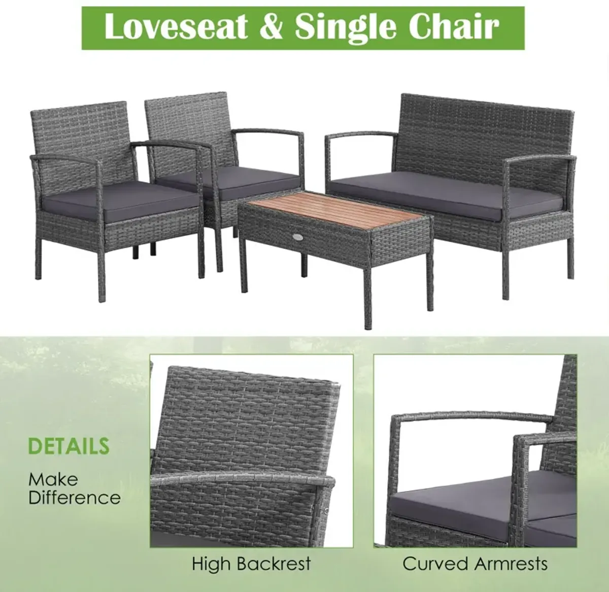 4 Pieces Rattan Patio Conversation Furniture Set with Acacia Wood Tabletop