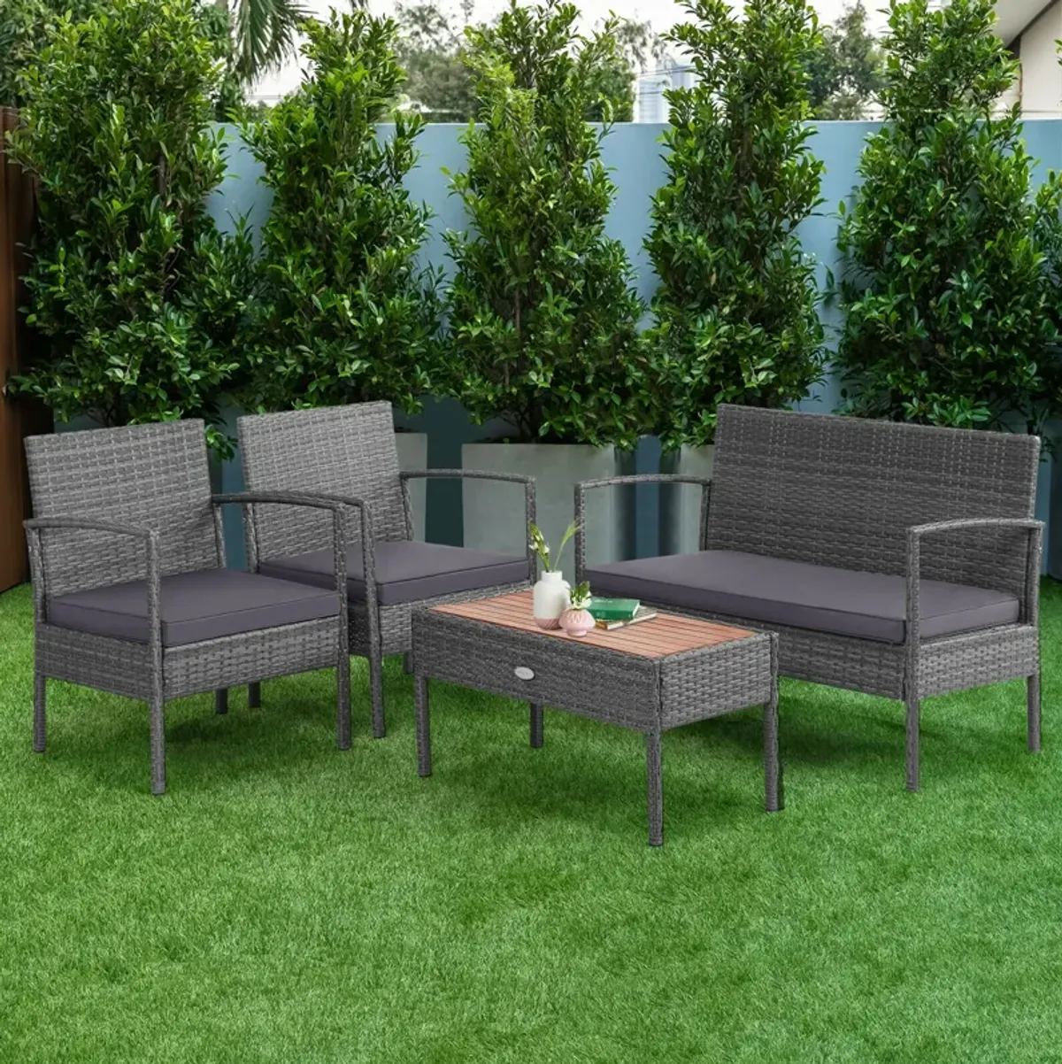 4 Pieces Rattan Patio Conversation Furniture Set with Acacia Wood Tabletop