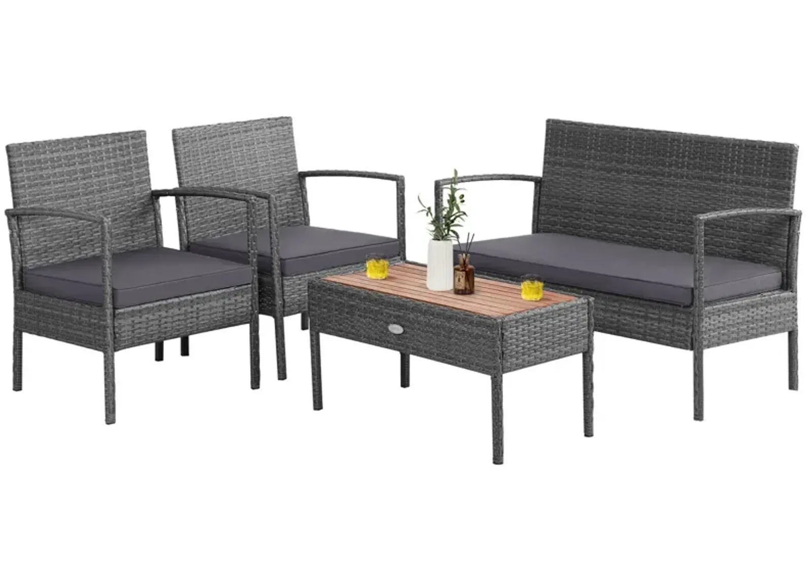 4 Pieces Rattan Patio Conversation Furniture Set with Acacia Wood Tabletop