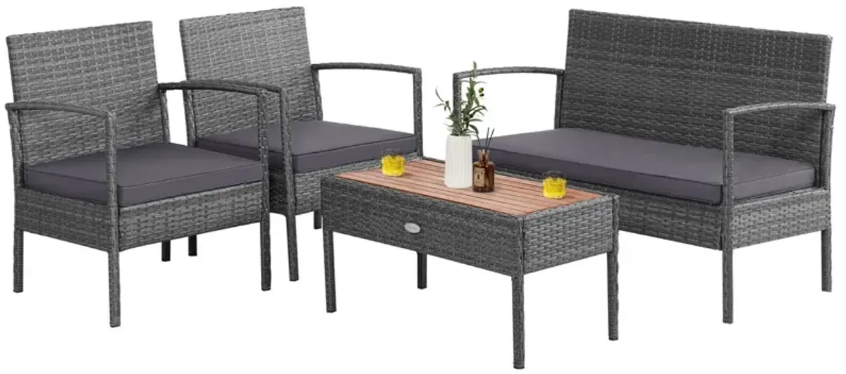 4 Pieces Rattan Patio Conversation Furniture Set with Acacia Wood Tabletop