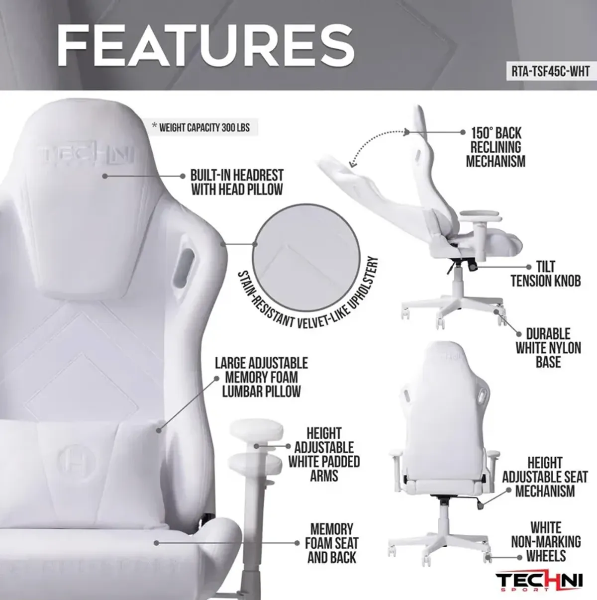 Techni Sport Velvet Gaming Chair - White