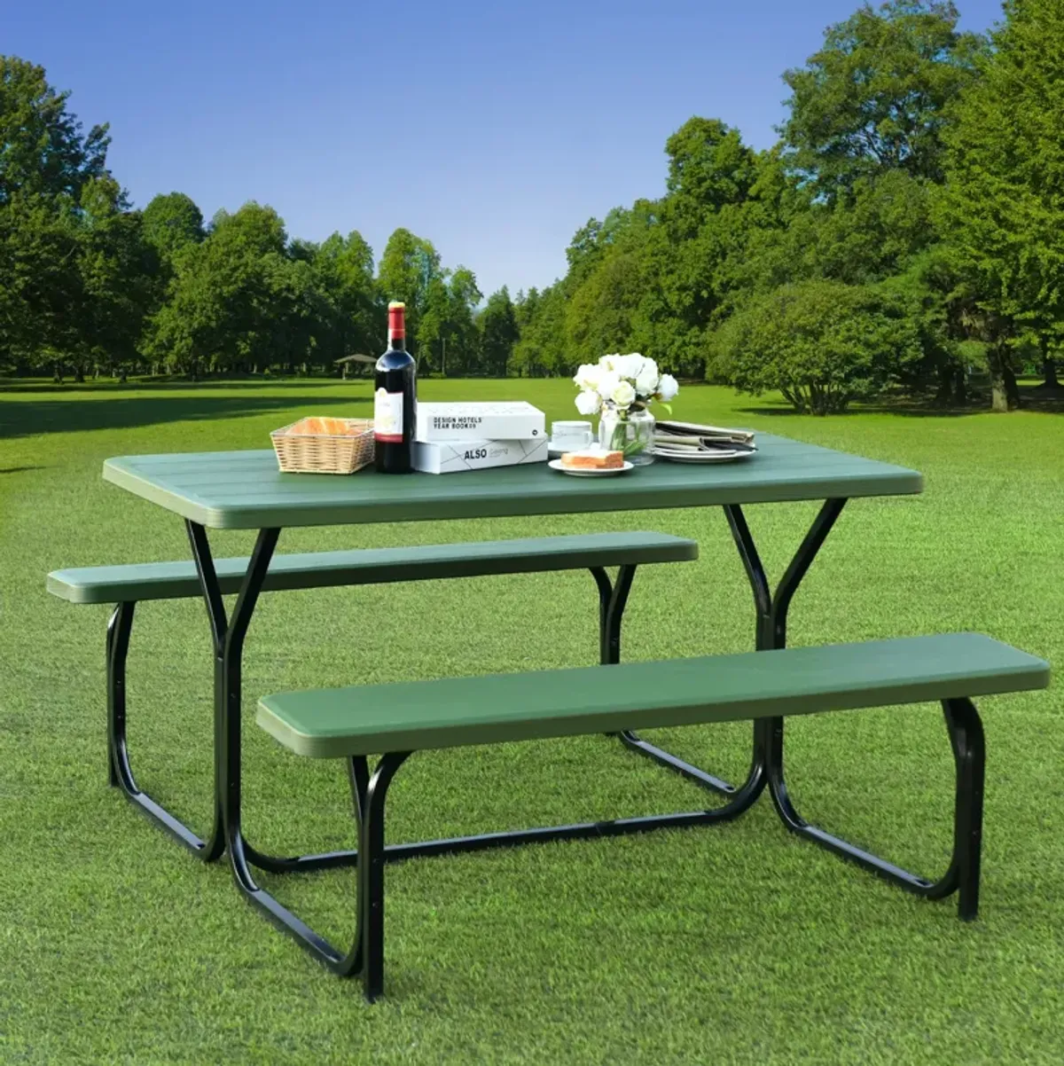 HDPE Outdoor Picnic Table Bench Set with Metal Base