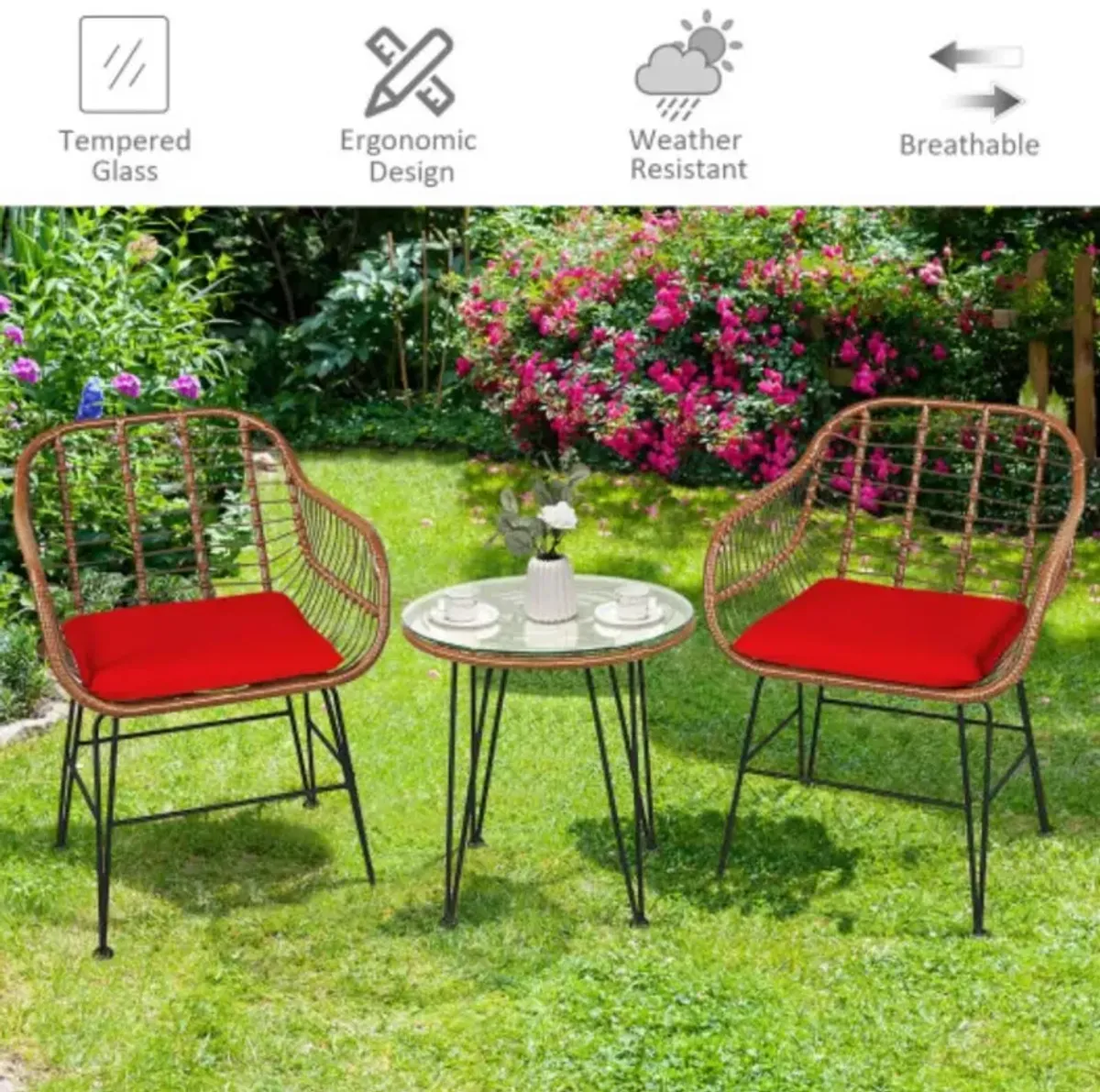 3 Pieces Patio Rattan Bistro Set with Cushion