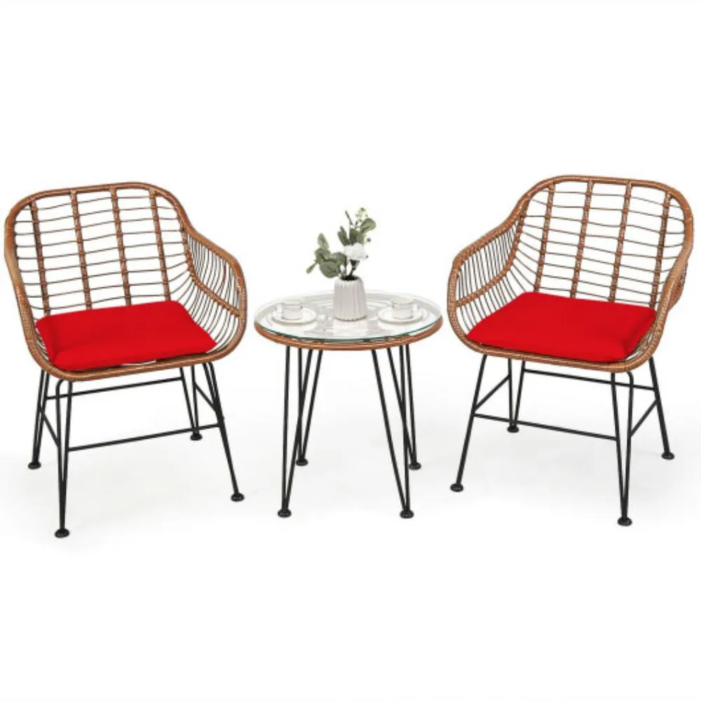 3 Pieces Patio Rattan Bistro Set with Cushion