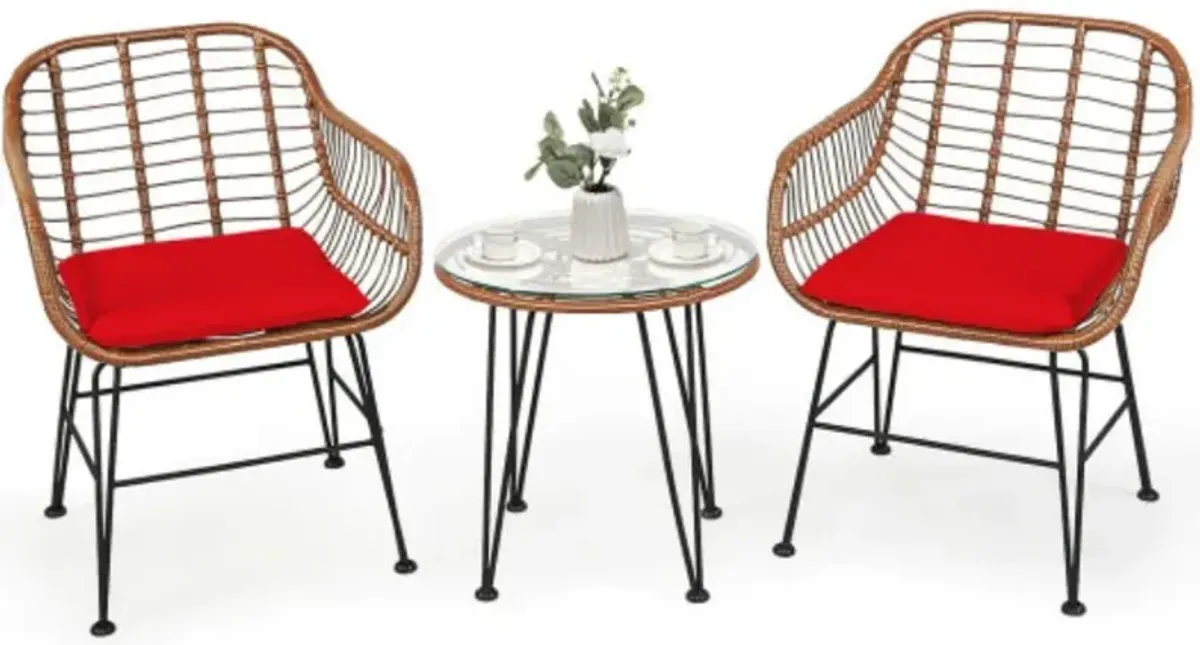 3 Pieces Patio Rattan Bistro Set with Cushion