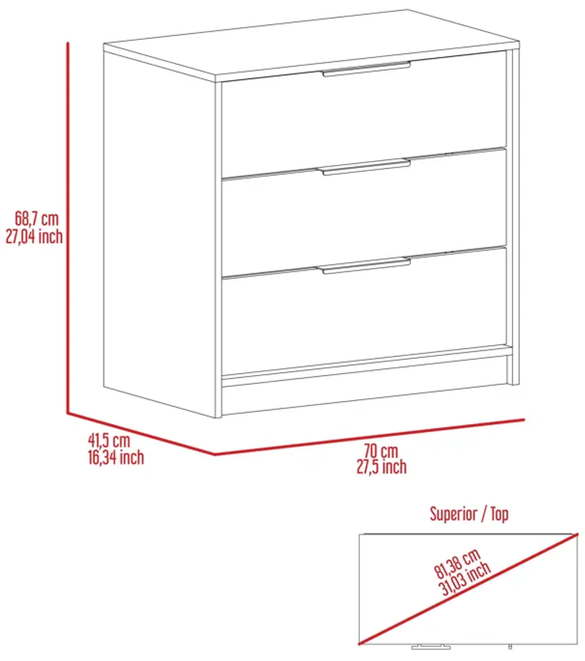 3 Drawers Dresser Maryland, Bedroom, White