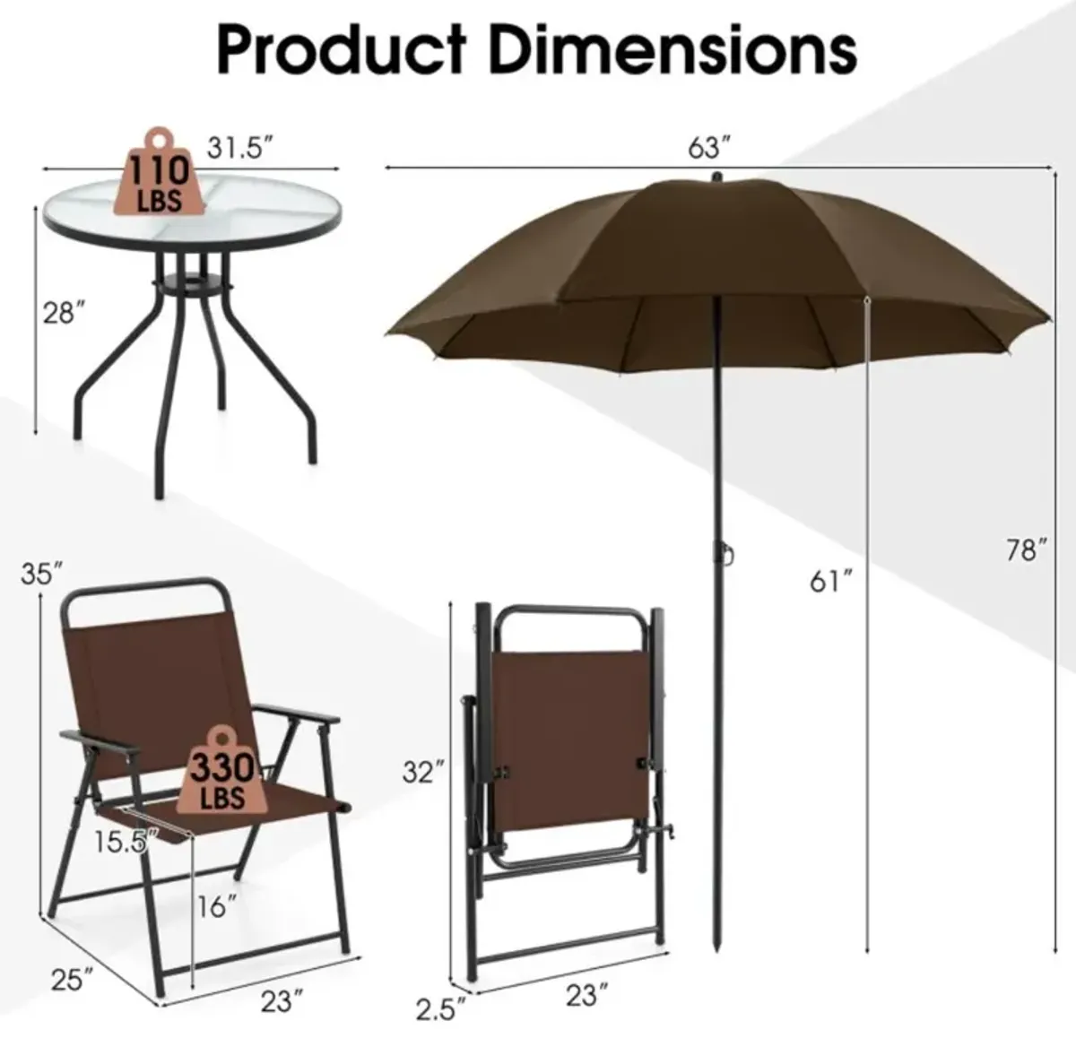 Hivvago 6 Pieces Patio Dining Set Folding Chairs Glass Table Tilt Umbrella for Garden