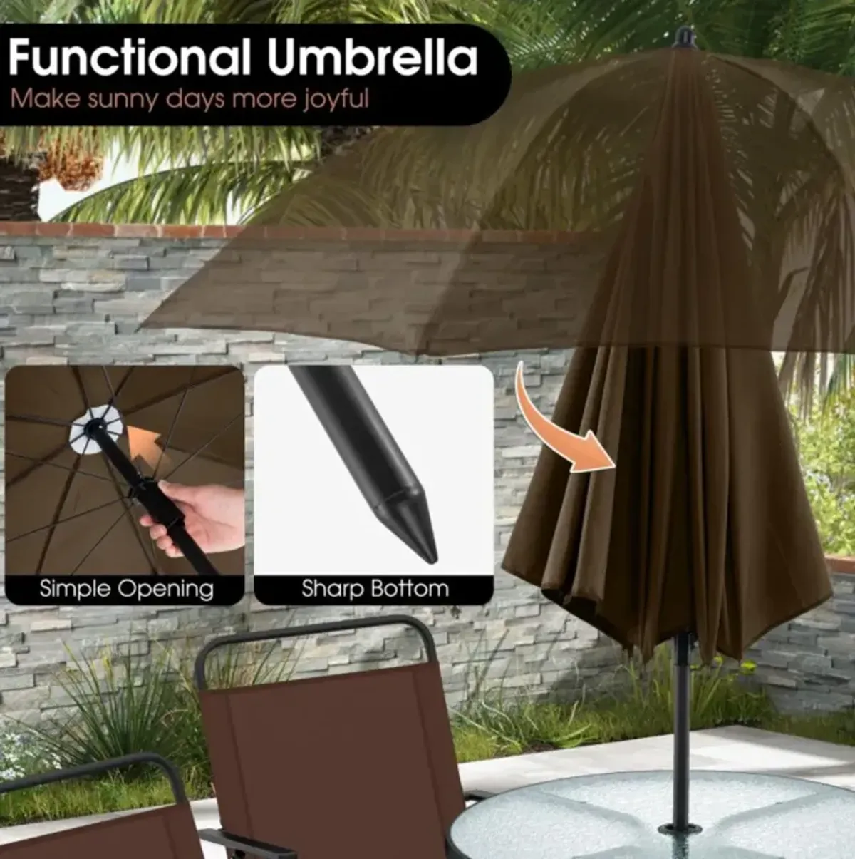 Hivvago 6 Pieces Patio Dining Set Folding Chairs Glass Table Tilt Umbrella for Garden