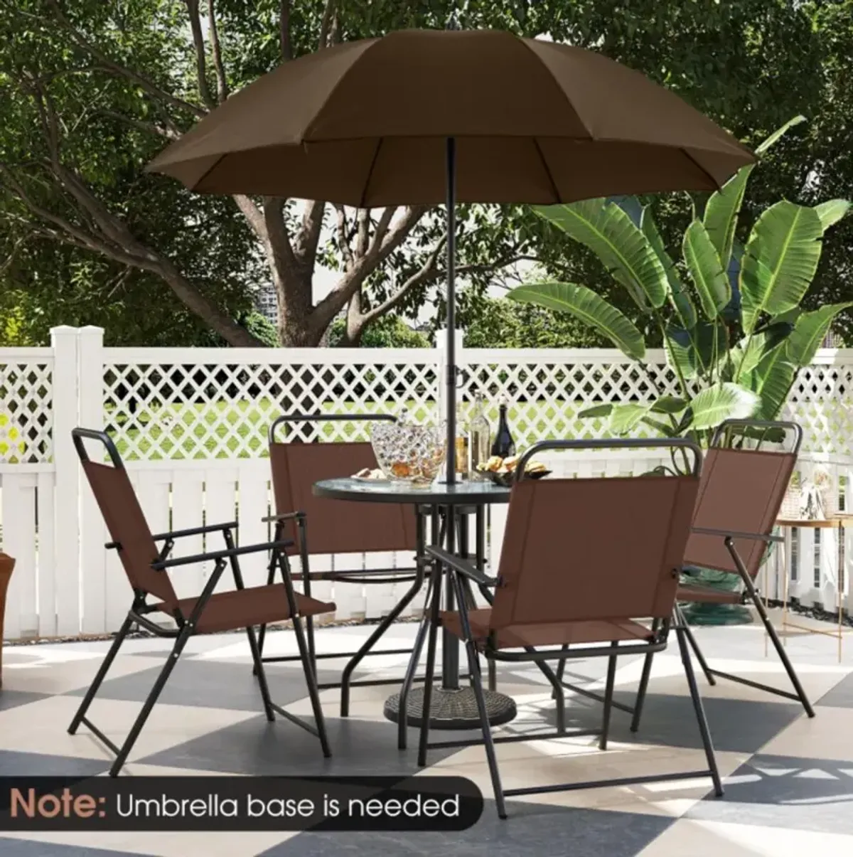 Hivvago 6 Pieces Patio Dining Set Folding Chairs Glass Table Tilt Umbrella for Garden