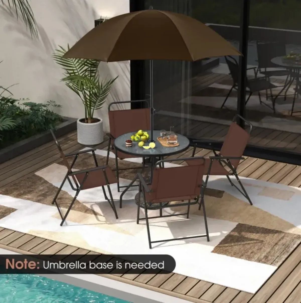 Hivvago 6 Pieces Patio Dining Set Folding Chairs Glass Table Tilt Umbrella for Garden