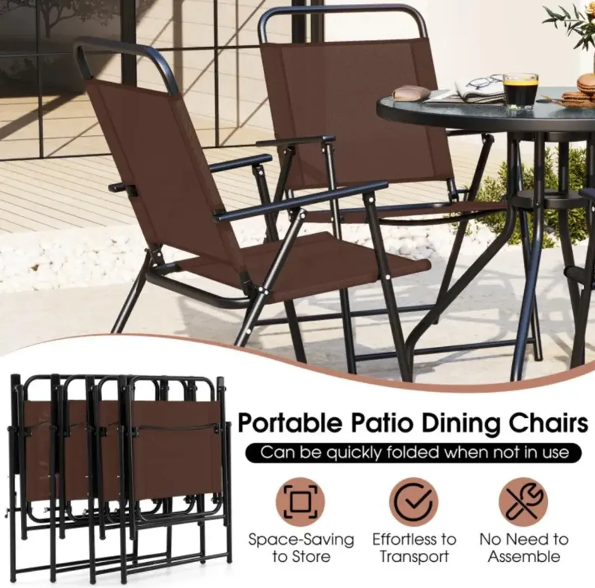 Hivvago 6 Pieces Patio Dining Set Folding Chairs Glass Table Tilt Umbrella for Garden