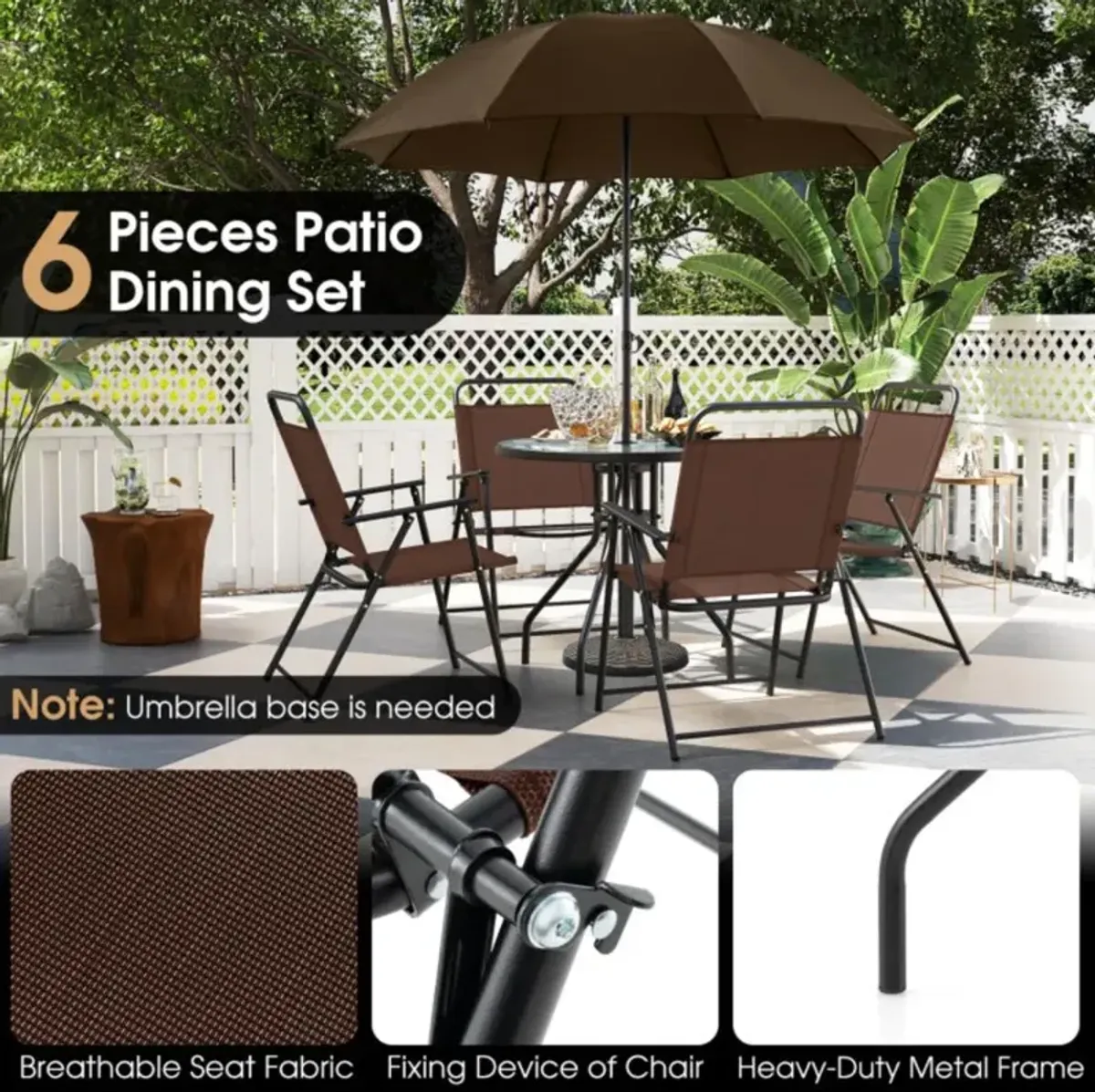 Hivvago 6 Pieces Patio Dining Set Folding Chairs Glass Table Tilt Umbrella for Garden