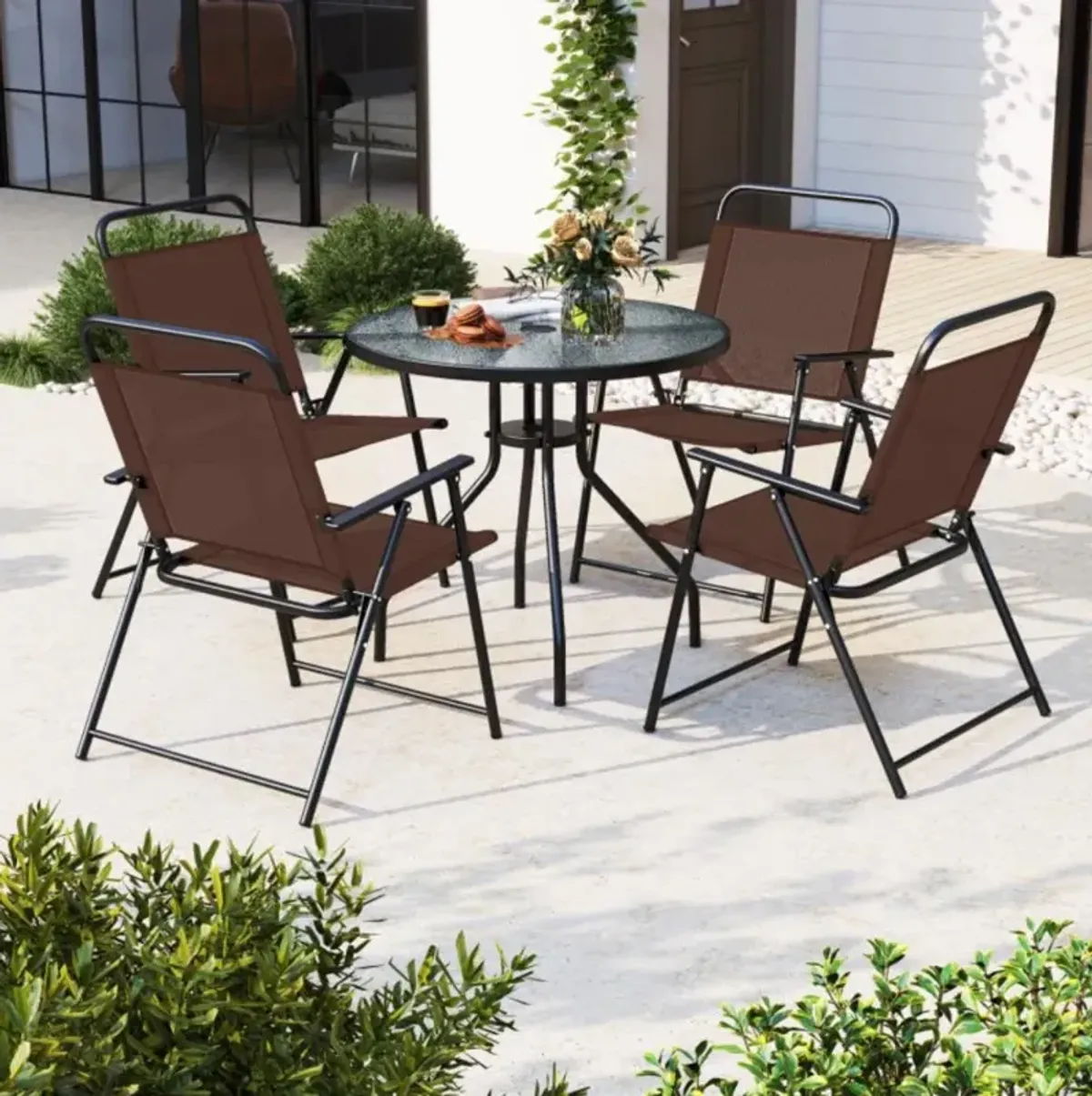 Hivvago 6 Pieces Patio Dining Set Folding Chairs Glass Table Tilt Umbrella for Garden