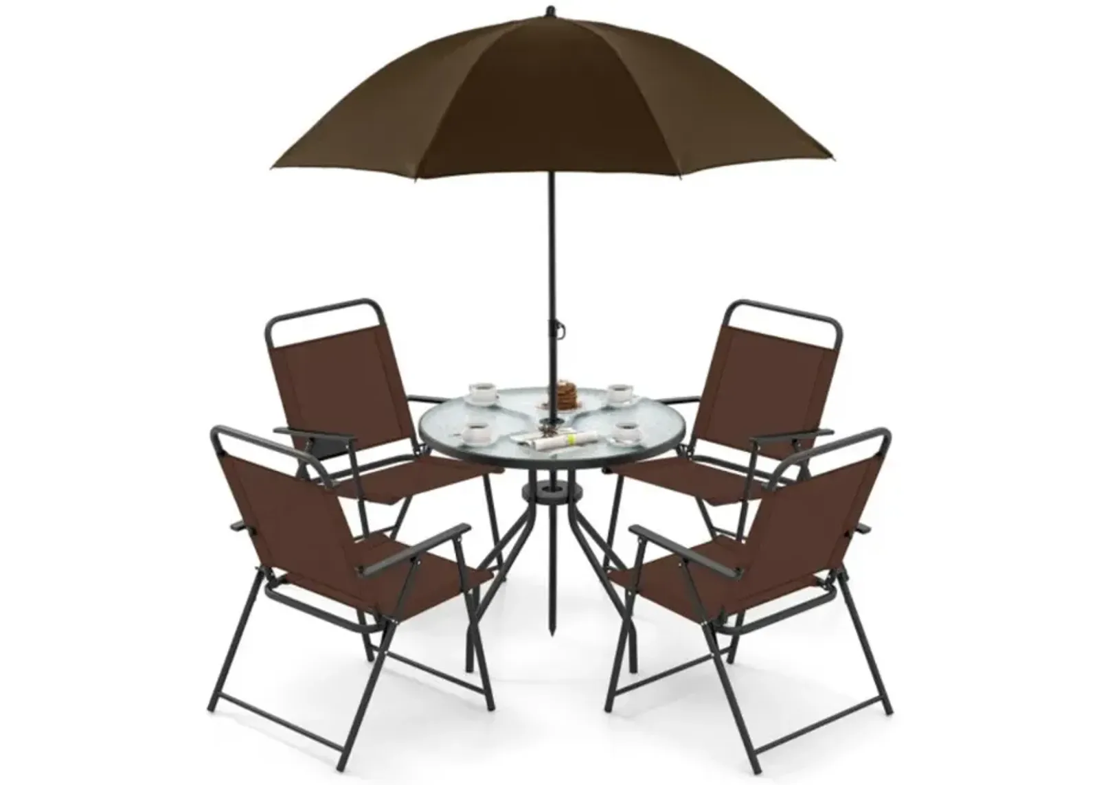 Hivvago 6 Pieces Patio Dining Set Folding Chairs Glass Table Tilt Umbrella for Garden