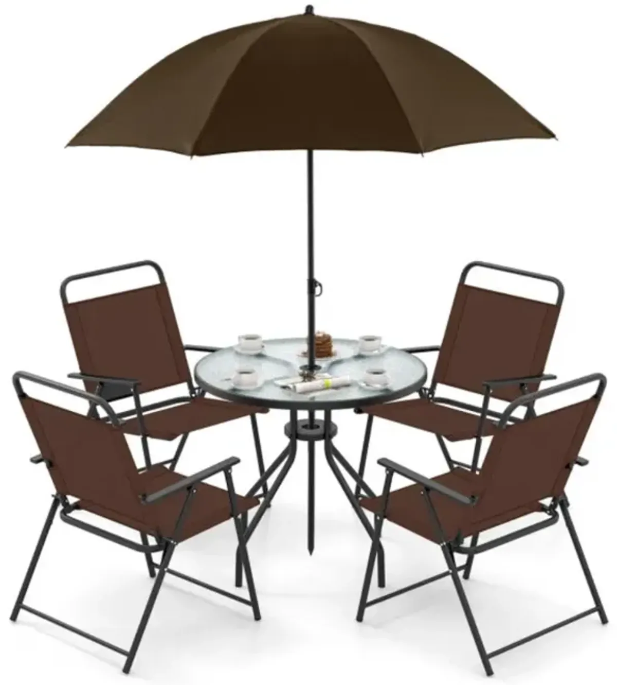 Hivvago 6 Pieces Patio Dining Set Folding Chairs Glass Table Tilt Umbrella for Garden