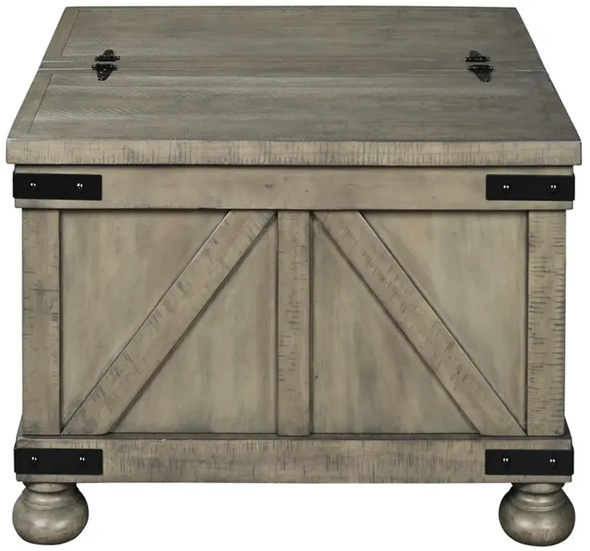 Farmhouse Cocktail Table with Lift Top Storage and Crossbuck details, Gray-Benzara