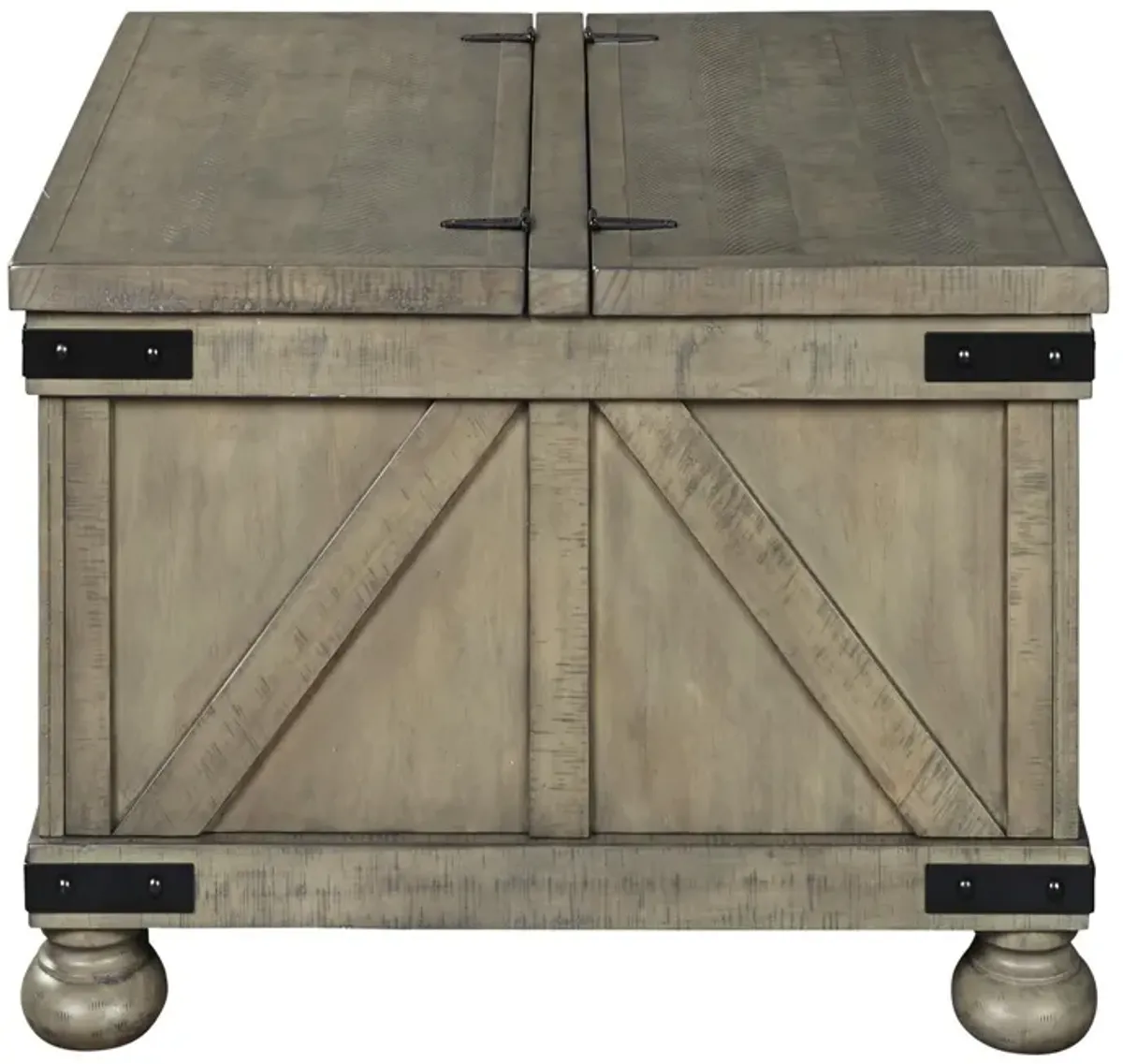 Farmhouse Cocktail Table with Lift Top Storage and Crossbuck details, Gray-Benzara