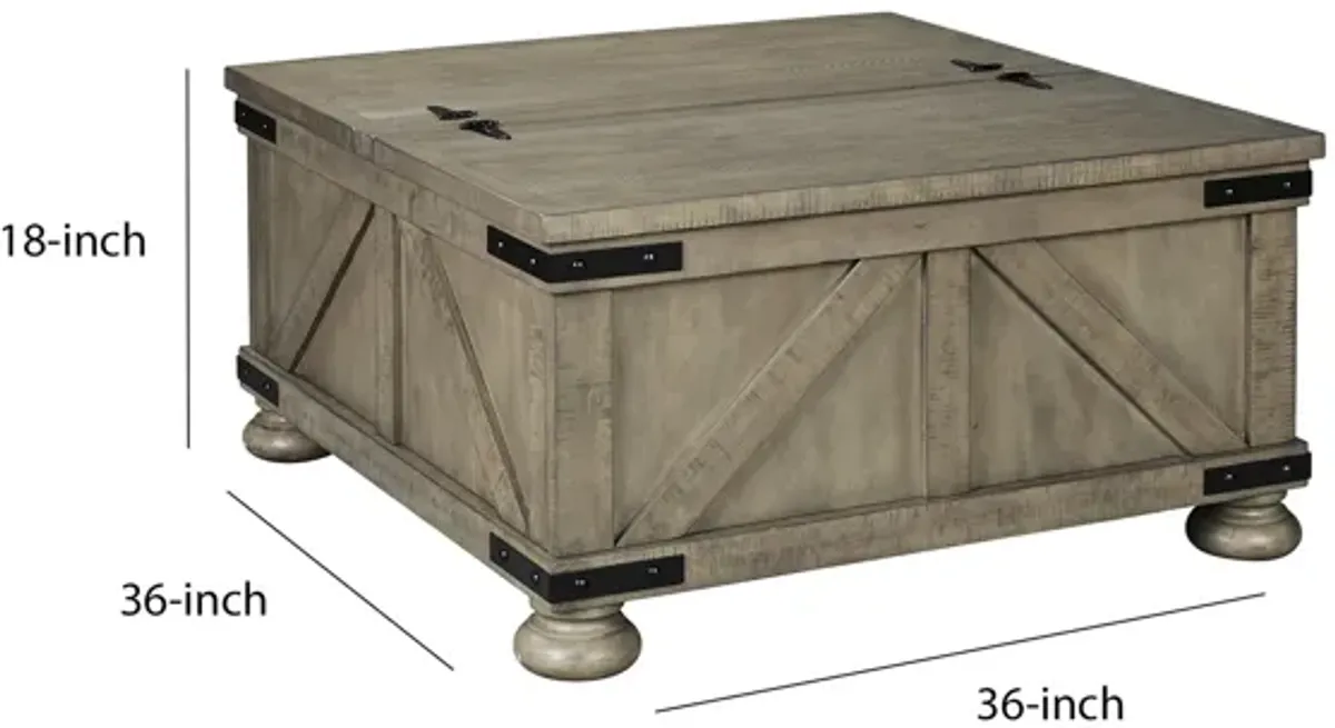 Farmhouse Cocktail Table with Lift Top Storage and Crossbuck details, Gray-Benzara