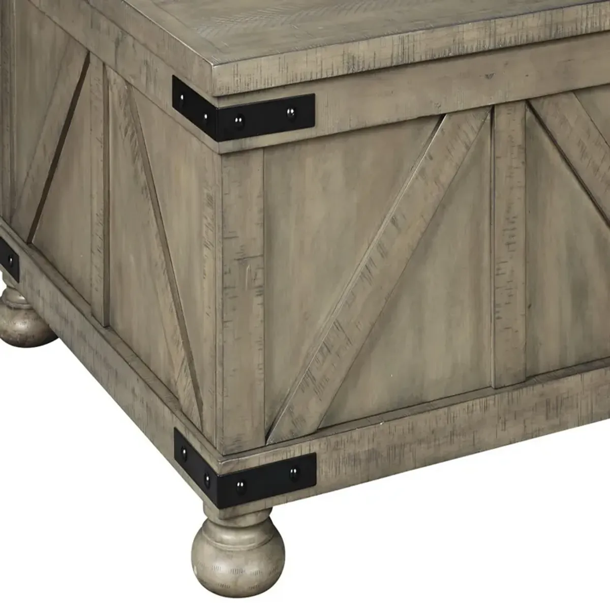 Farmhouse Cocktail Table with Lift Top Storage and Crossbuck details, Gray-Benzara