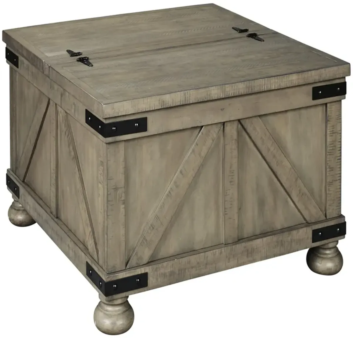 Farmhouse Cocktail Table with Lift Top Storage and Crossbuck details, Gray-Benzara