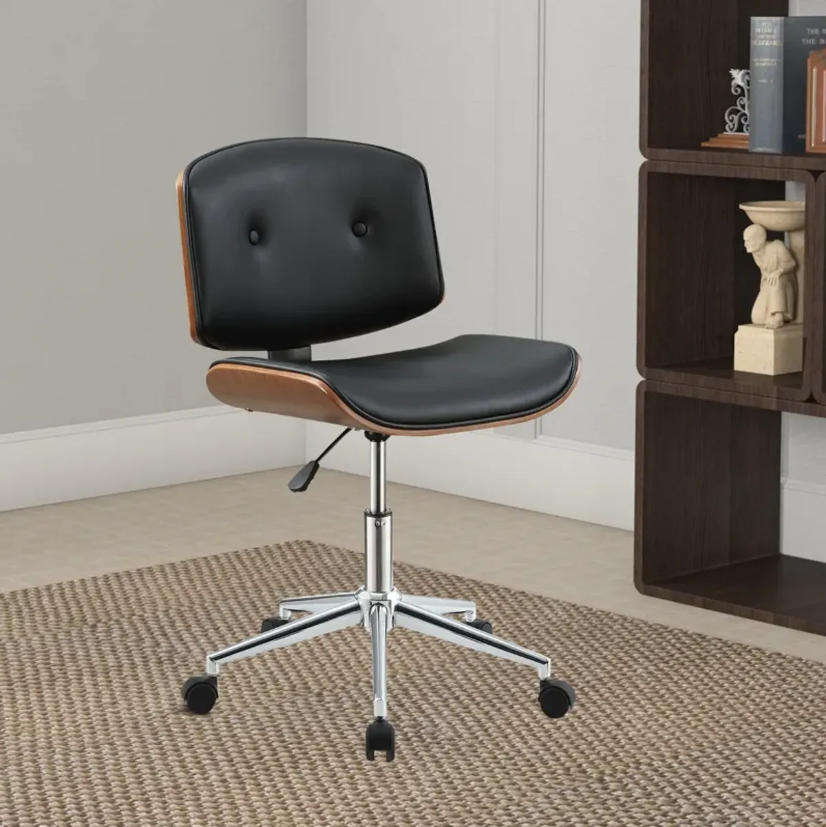 Metal & Wooden Office Armless Chair, Black & Walnut Brown-Benzara