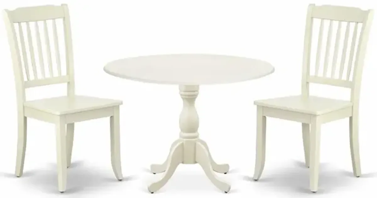 East West Furniture DMDA3-LWH-W 3 Piece Dining Table Set Consists of 1 Drop Leaves Wooden Dining Table and 2 Linen White Mid Century Modern Dining Chairs with Slatted Back - Linen White Finish