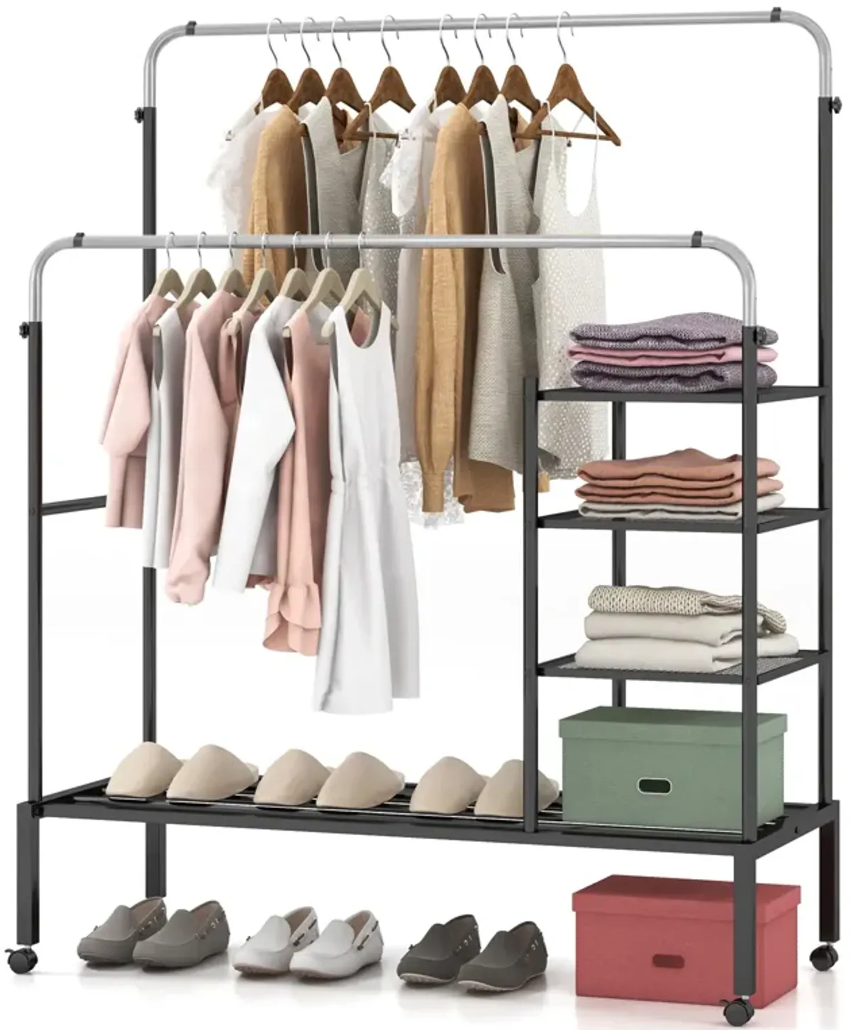 Rolling Double Rods Garment Rack with Height Adjustable Hanging Bars