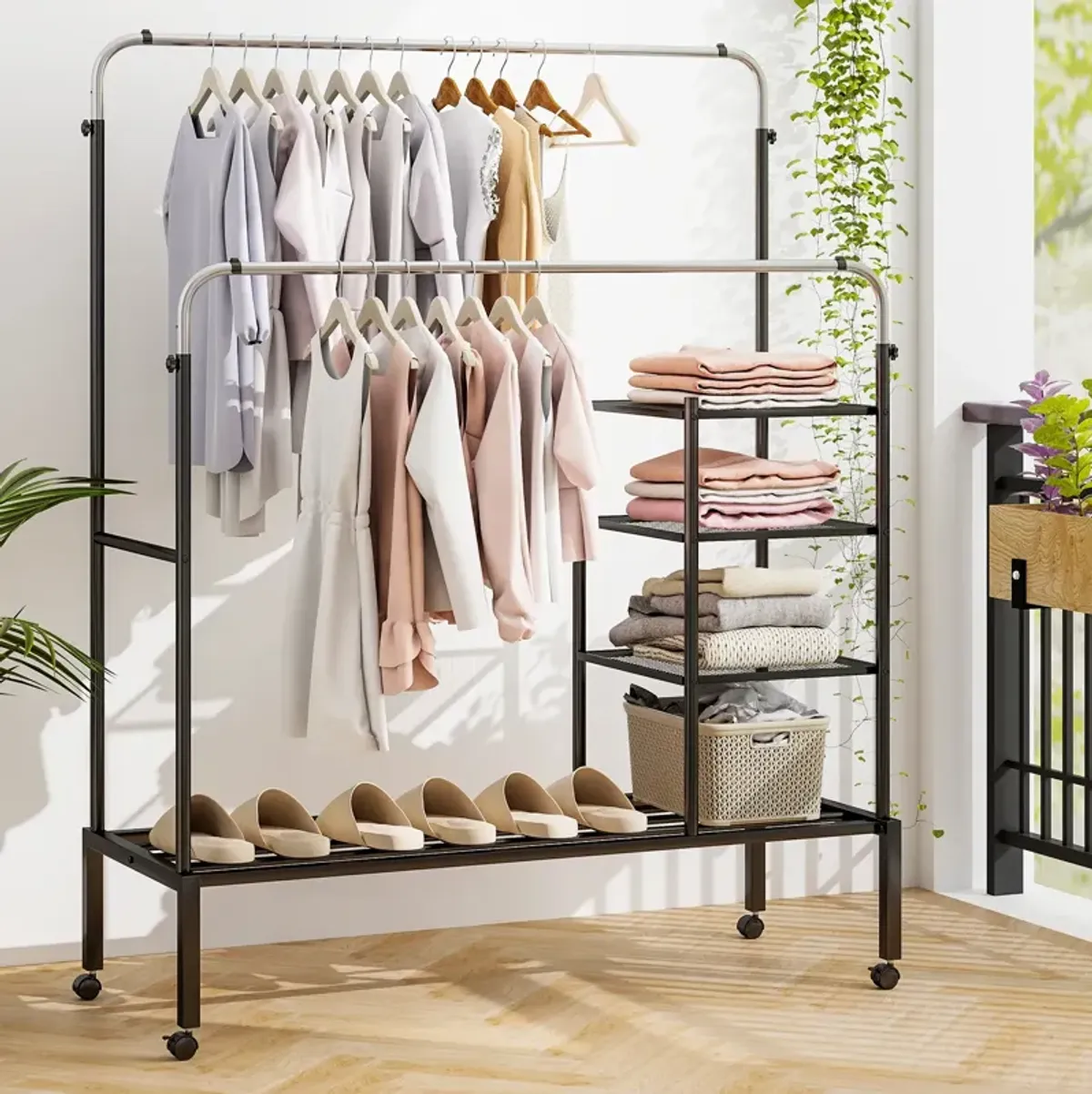 Rolling Double Rods Garment Rack with Height Adjustable Hanging Bars